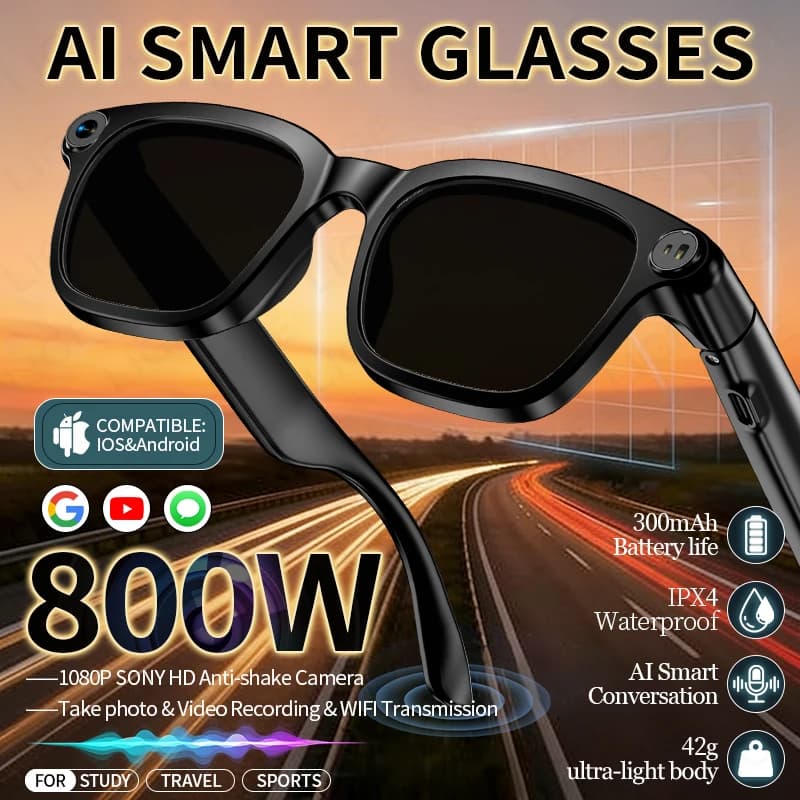 LIGE Nuovi Occhiali Smart AI con Fotocamera da 800W Pixel, Registrazione Video, Chiamate Bluetooth, Batteria da 300mAh, Controllo Vocale, Occhiali Intelligenti