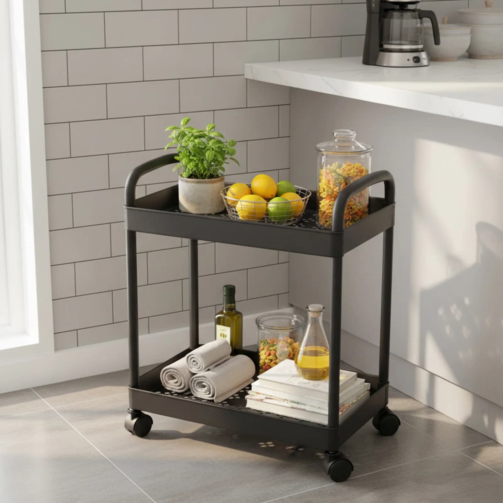 Carrello portaoggetti a 2 livelli con ruote, organizer mobile in plastica per cucina, bagno, camera da letto, snack e articoli domestici