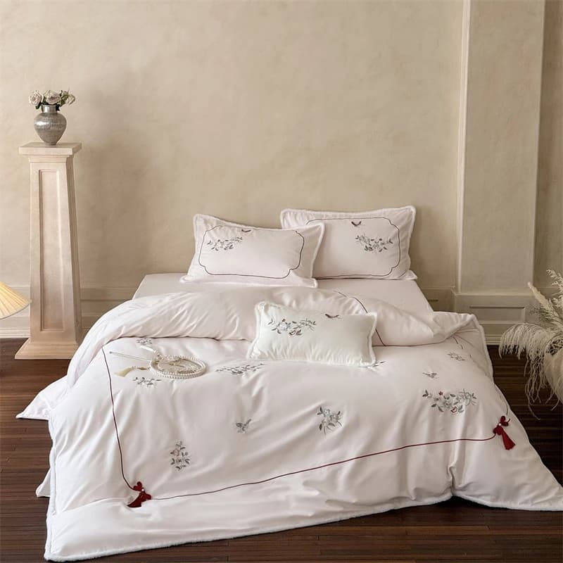 Set of 800TC Egyptian cotton brushed luxury bedding, duvet with floral embroidery, sheet/sheet with corners, with pillowcase, 4 pieces