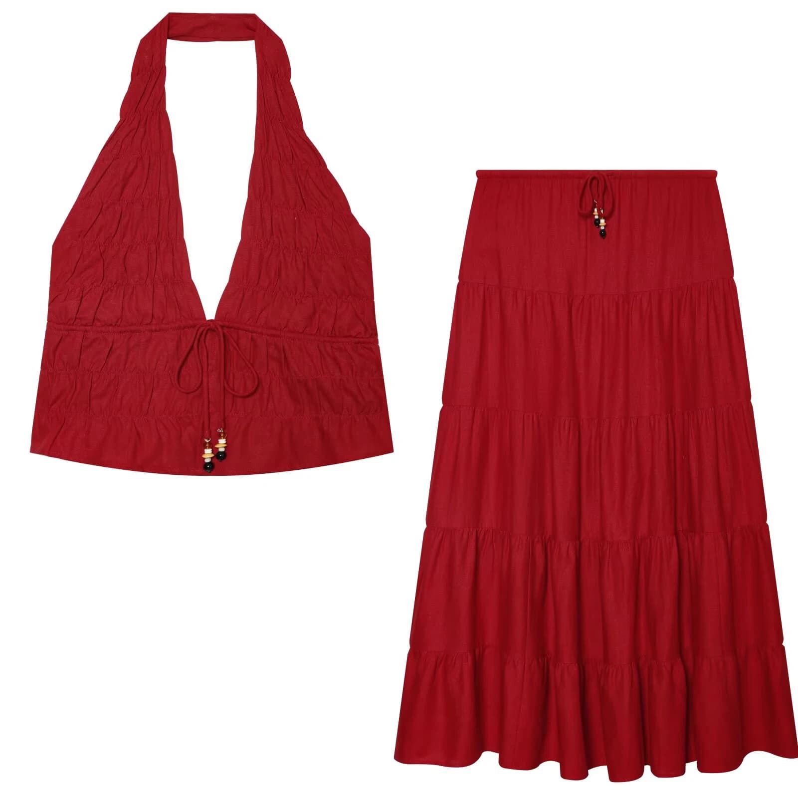 2026 Summer New Product: Half length Skirt Open Back Linen Ruffle Decoration Beaded Hanging Neck Tank Top Set