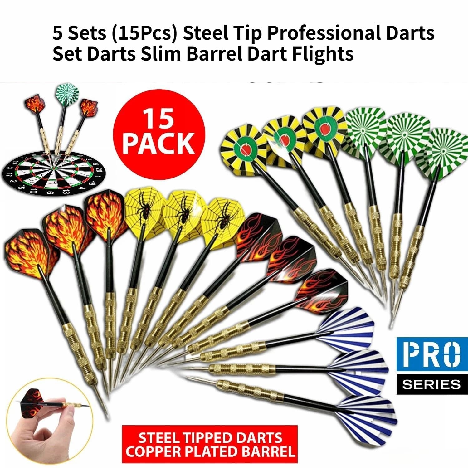 5 Sets (15Pcs) Steel Tip Professional Darts Set Darts Slim Barrel Dart Flights