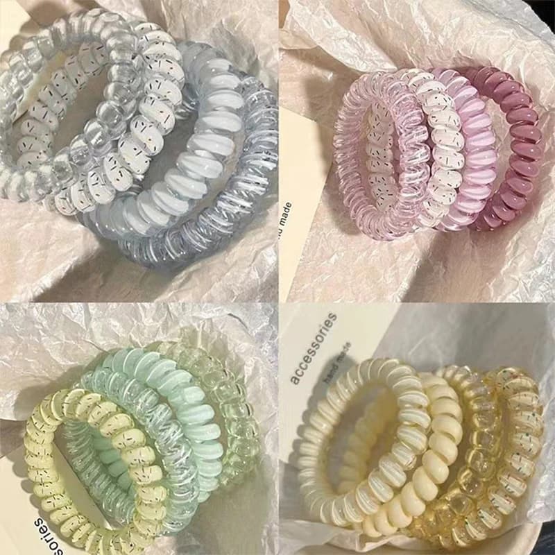 20Pcs Transparent Dot Pattern Telephone Wire Hair Ties Random Mixed Color Elastic Hair Rings for Ladies Daily Use