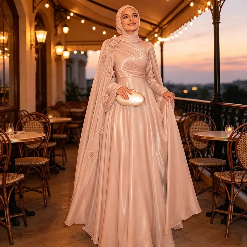 Eightale Arabic Evening Dress O-Neck 3D Flow Long Sleeves Pink Customized Shiny Satin Floor Length Prom Wedding Party Gown