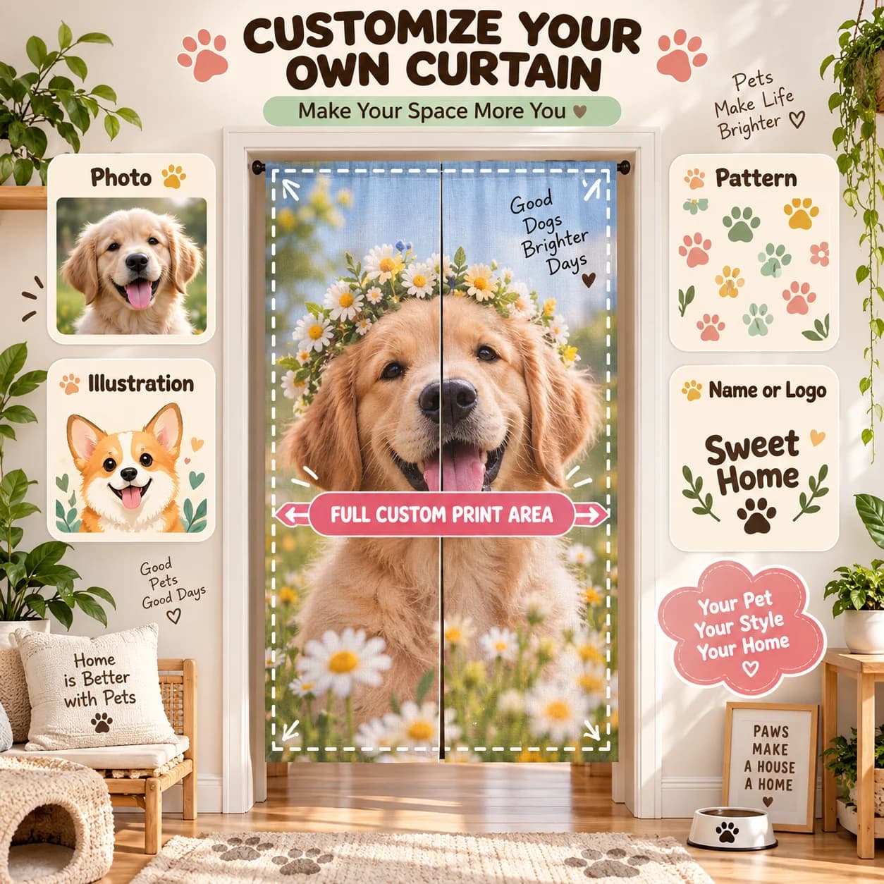 Custom Imitation Hemp Door Curtain Split Cute Pet Multi Size for Bedroom Living Room Kitchen Home Privacy Decor