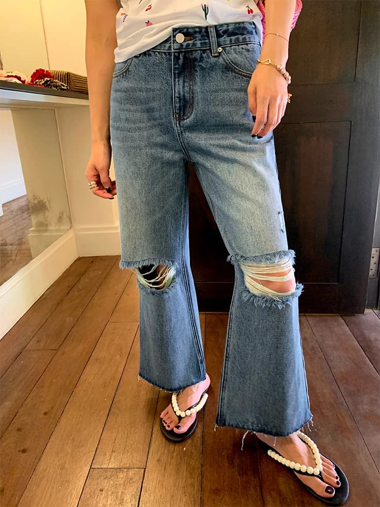 Jeans a Vita Alta da Donna 2025 Nuovi con Design a Zampa d'Elefante e Strappi, Taglia Piccola, Blu Denim, Stile Casual, Pantaloni Lunghi