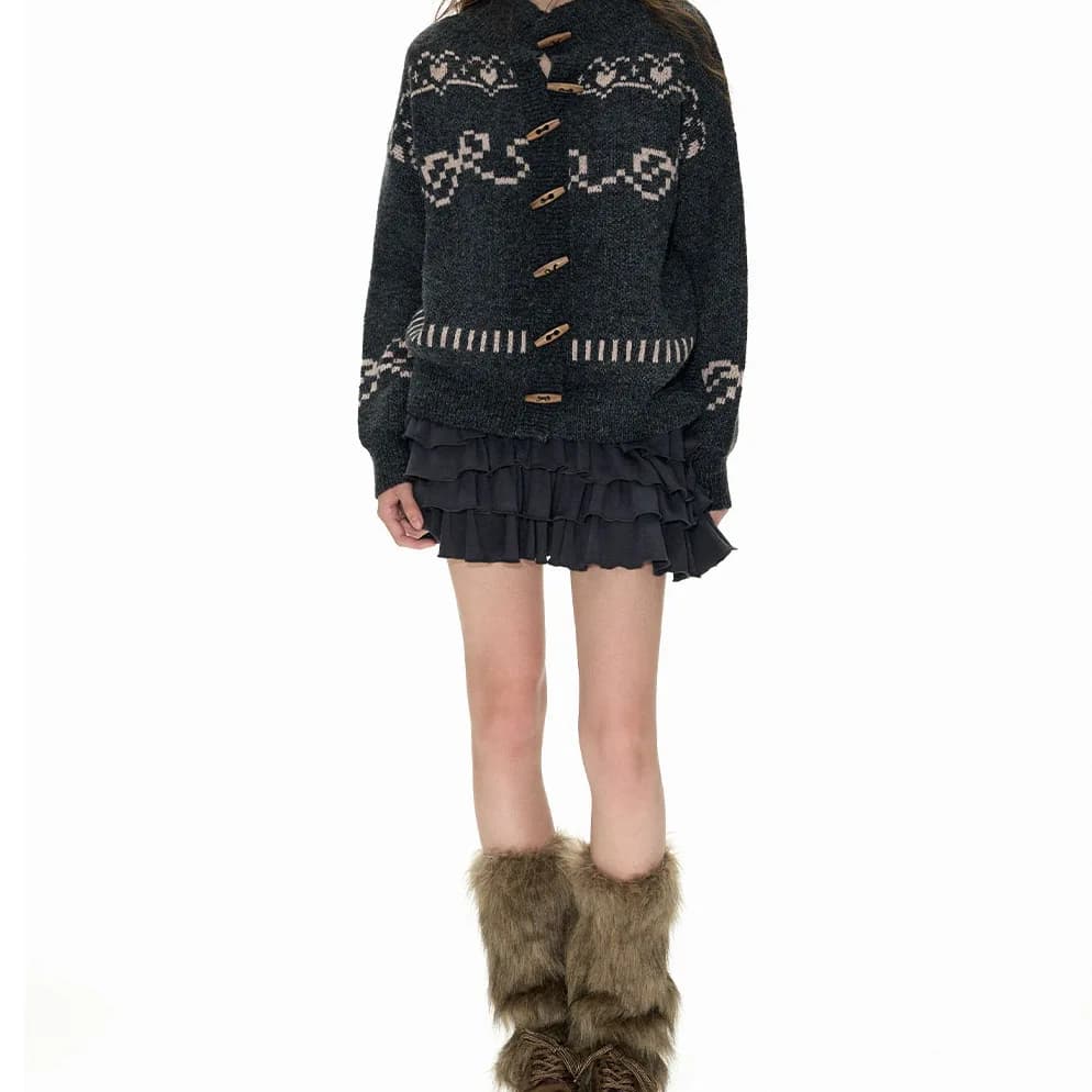 Women's Two Piece Set 2026 Spring Fair Isle Jacquard Cardigan Set Floral Horn Button Knit Sweater Coat Mini Cake Skirt Two Piece