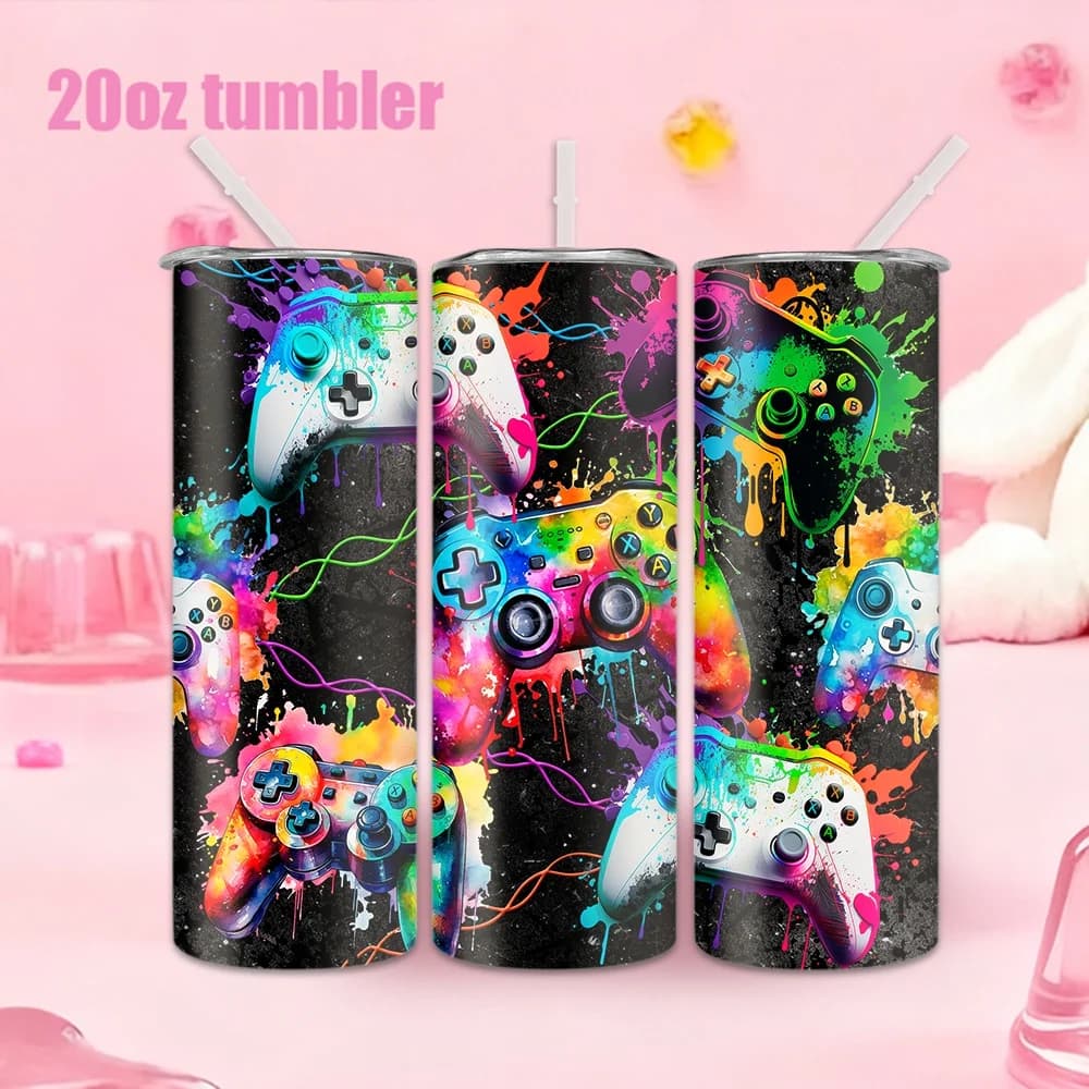 1 bottiglia/tazza in acciaio inossidabile con cannuccia – Motivo graffiti colorato a forma di controller di gioco (20oz / 591ml)