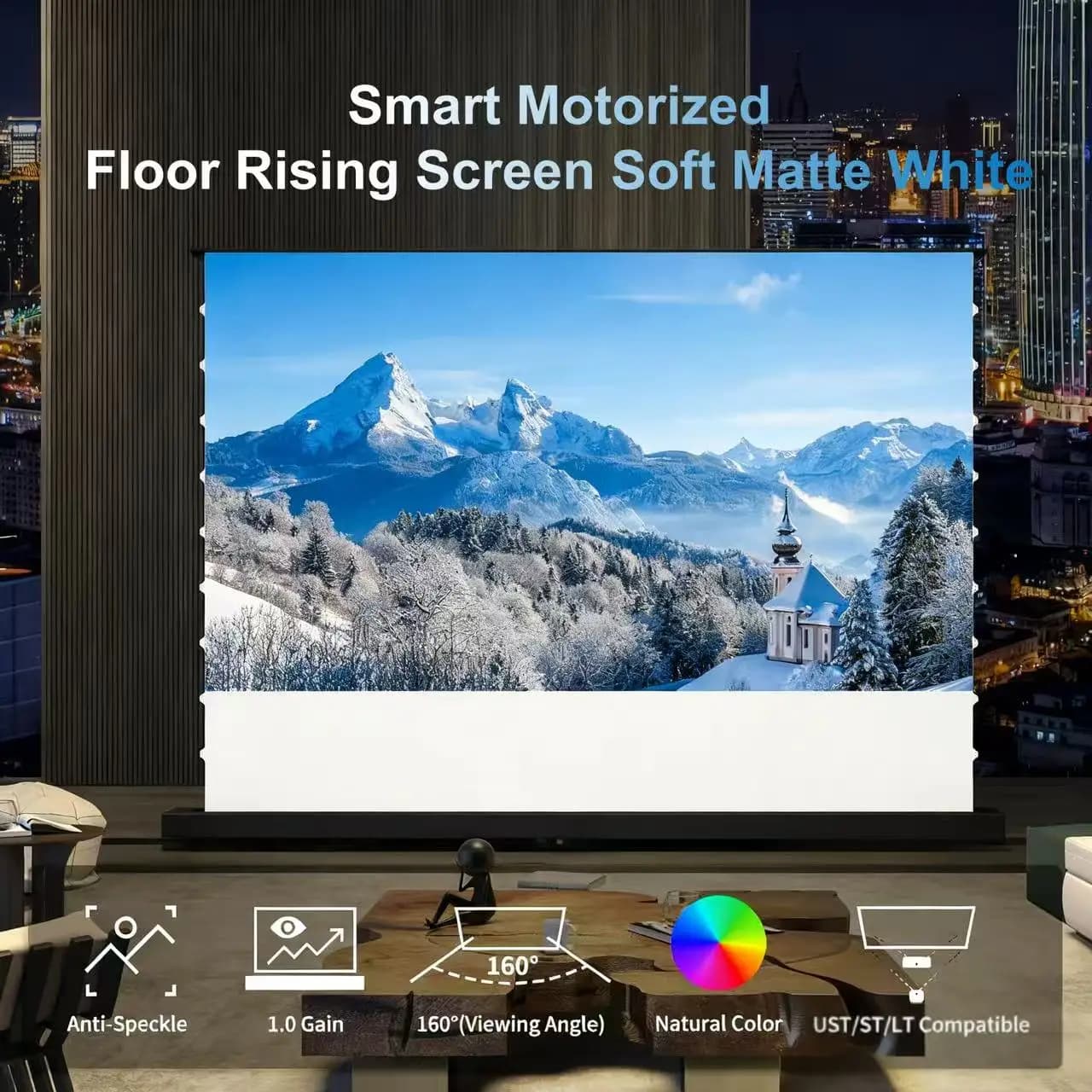 Schermo per proiettore da pavimento motorizzato con materiale di proiezione resistente alla luce 4K/8K per proiettori standard/lunghi