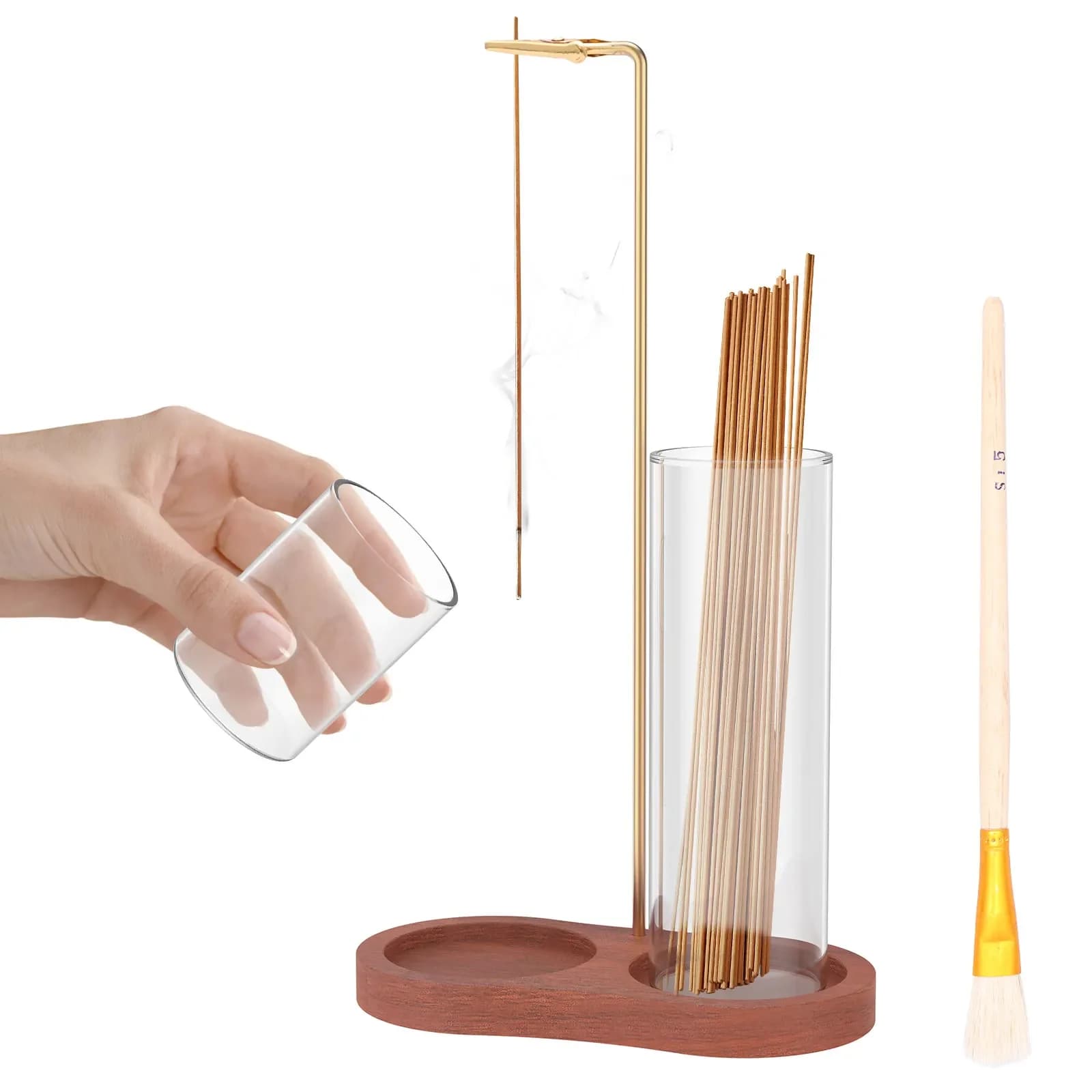 Portaincenso in Legno 2in1 con Raccoglitore di Ceneri in Vetro Rimovibile, per Bastoncini d'Incenso, Meditazione e Yoga