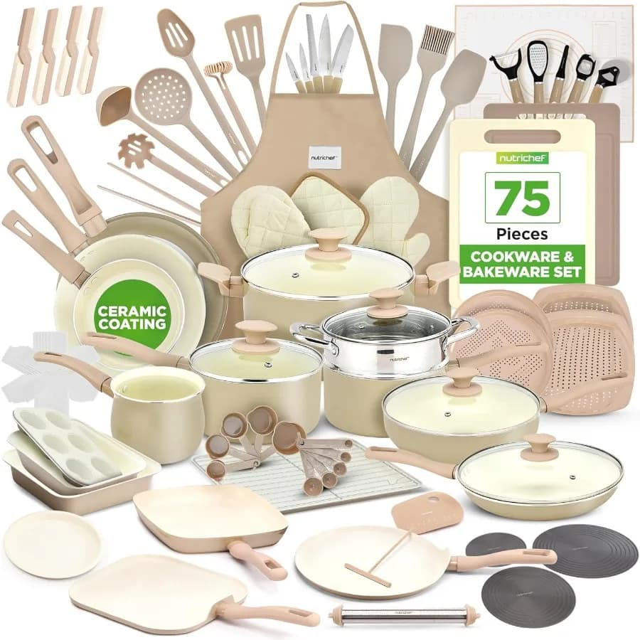 Set of 75-piece non-stick pans and pans with ceramic cookware Oven tools Set of knives and accessories for domestic kitchen S