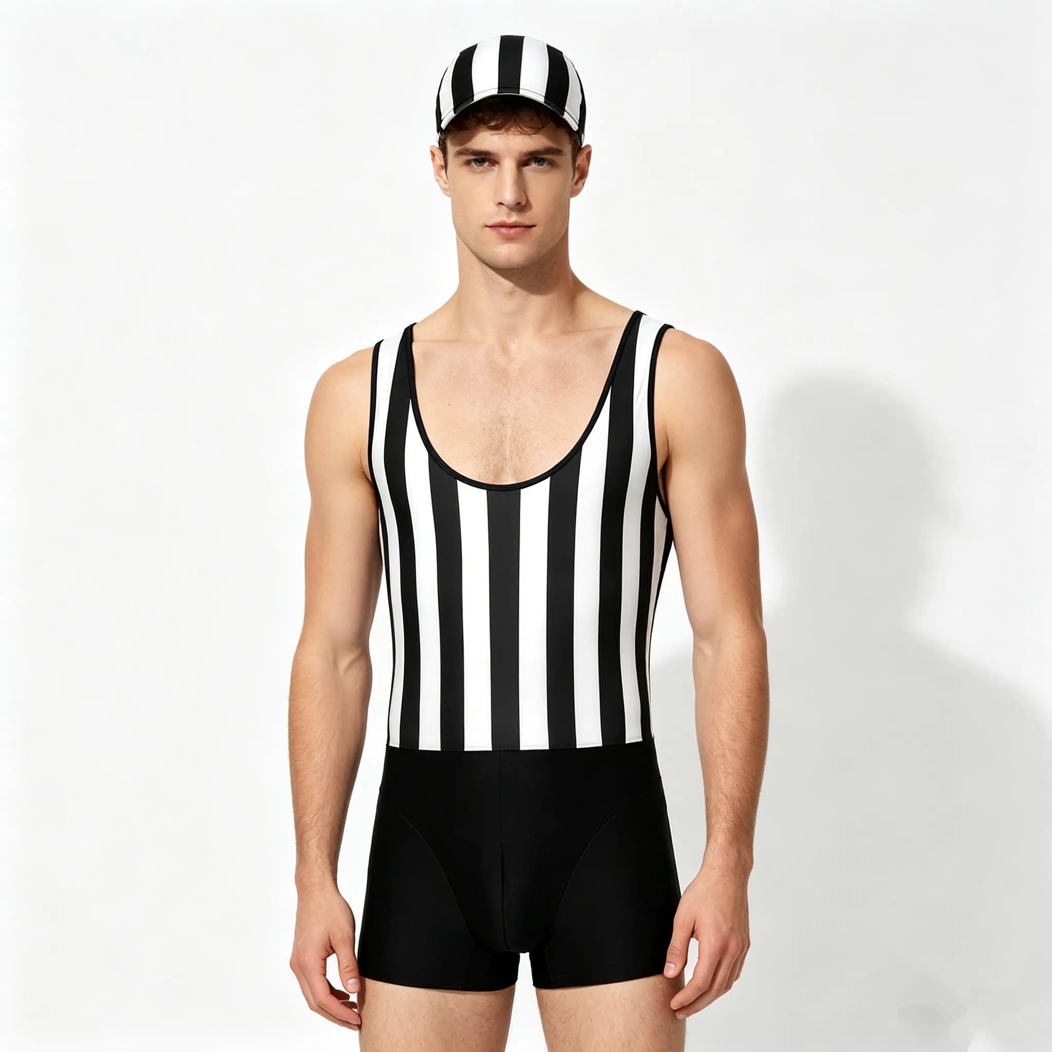 Costume da bagno da uomo ad asciugatura rapida, senza maniche, a righe, con cappuccio, set rash guard, per spiaggia, piscina, feste