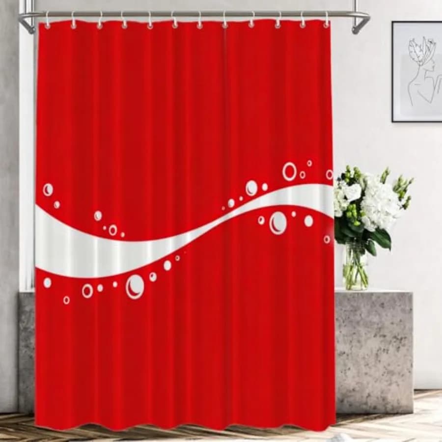 Tenda da doccia decorativa classica rossa con nastri bianchi, decorazione per il bagno, in fibra di poliestere impermeabile con anelli in plastica per la doccia
