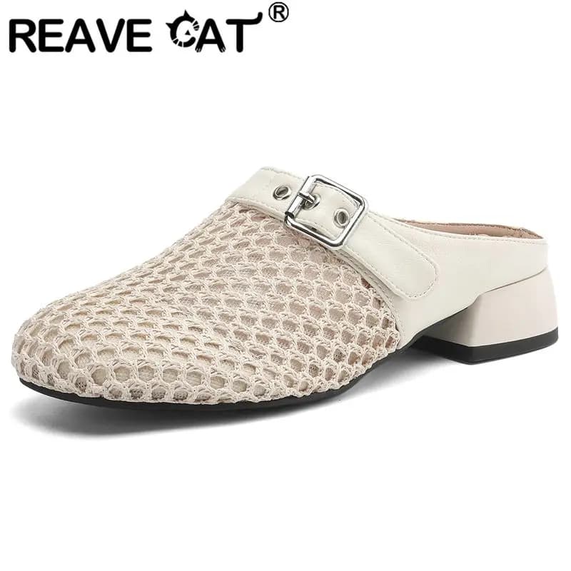REAVE CAT 2025 New Design Women Sandals Round Toe Mid Heels 3.6cm Breathable Mesh Belt Buckle Slip On Mules Big Size 41 42 43