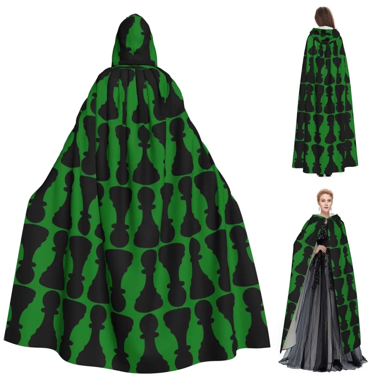 Chess Pieces On Board Chessboard Long Hooded Cloak Witch Medieval Costume Cosplay Cape HalloweenCoat Adult Unisex