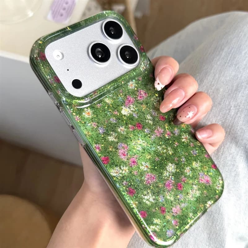 floral flowers oil painting green fresh glitter Phone Case for iPhone 17 16 15 14 13 Pro Max Plus Cute Cartoon shockproof Cover