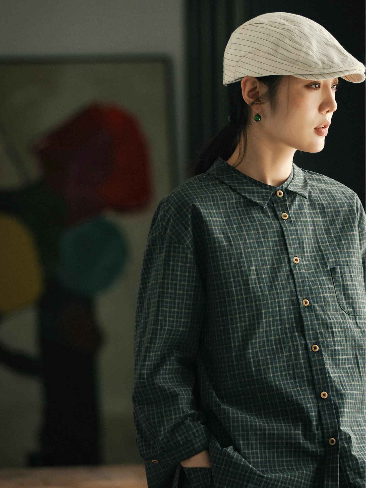 High-Thread Count Brushed Cotton Shirt Thin Women's Spring Summer Casual Style Seven-Quarter Sleeve Color Woven Grid Blouse