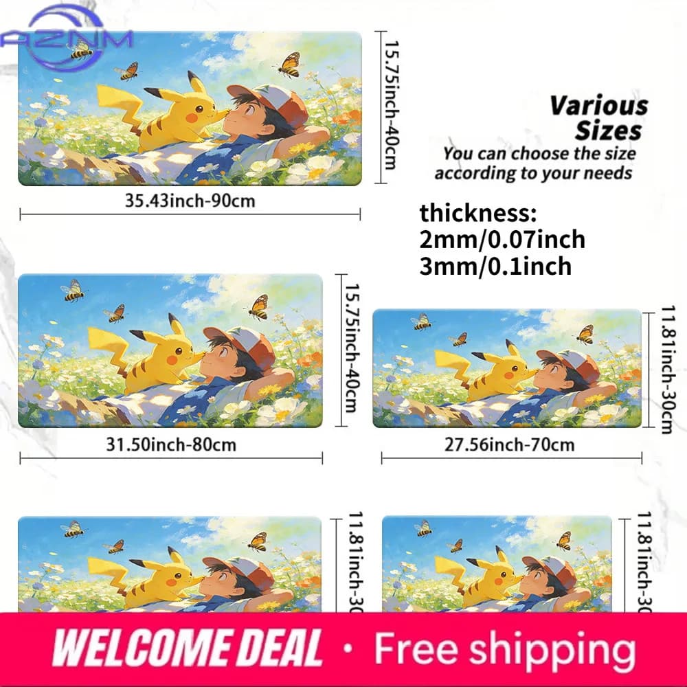 Pastel Rainbow Flower Field Ash Pikachu Butterfly Bee Large Gaming Mouse Pad Non-Slip Rubber Washable Desk Mat