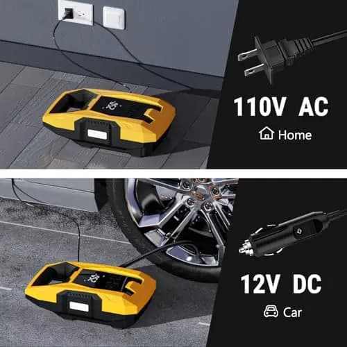 CARSUN Gonfiatore Portatile per Pneumatici - Alimentazione Dual AC/DC, Spegnimento Automatico, per Auto, Moto, Bici - Pompa d'Aria 110V/12V