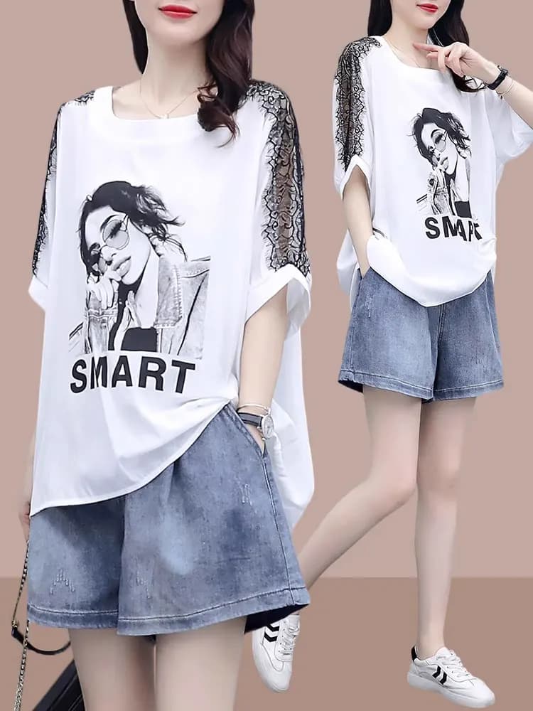 plus Size Summer Casual Fashion Set Short Pants Conceal Meat Two Pieces Set Slimming Effect Comfortable Cotton 100%