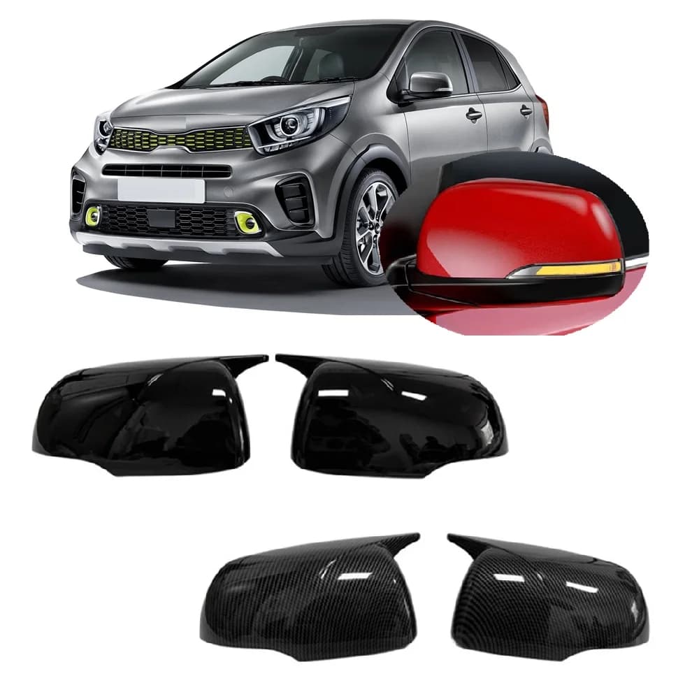 for Kia Picanto Morning 2012 - 2024 Horn Style Carbon Fiber Hydro-dipped or Gloss Black Rear View Wing Mirror Cover Stick-On Cap