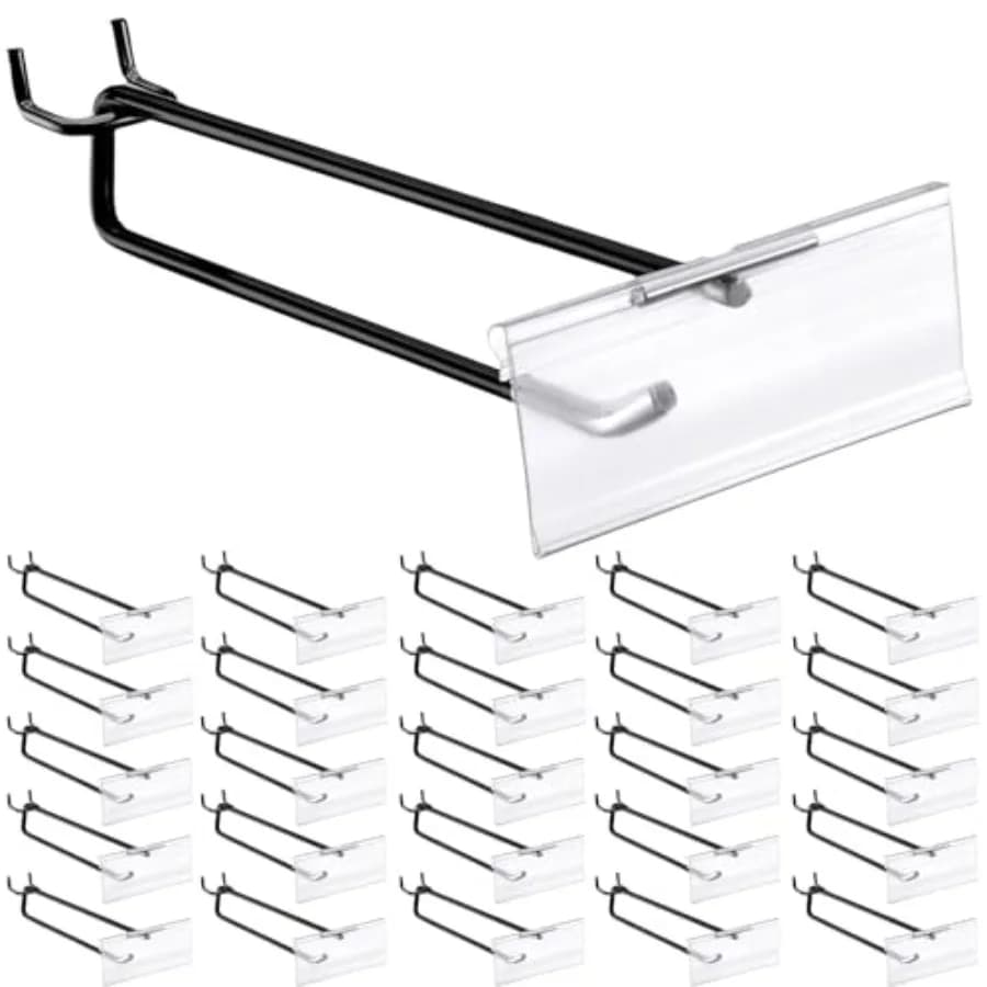 Set di Ganci in Metallo Nero per Pannello Forato con Portaetichette in Plastica Trasparente, Ganci in Acciaio Inox per Pannello Forato da 1/2'' a 1/2''