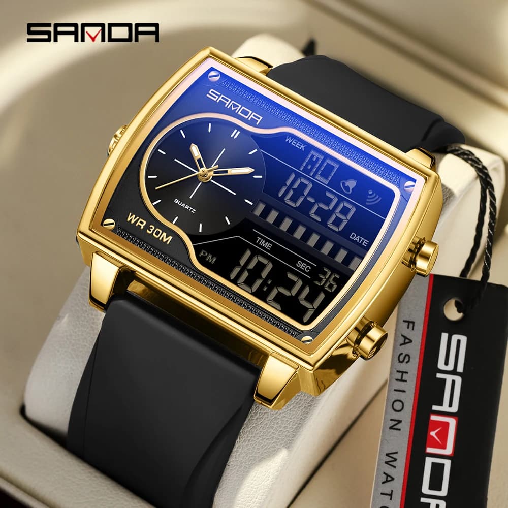 SANDA luxury 6163 Men's Quartz Electronic Dual Screen Watch Waterproof Countdown Quartz Steel/Leather/Rubber Band Men's Watches