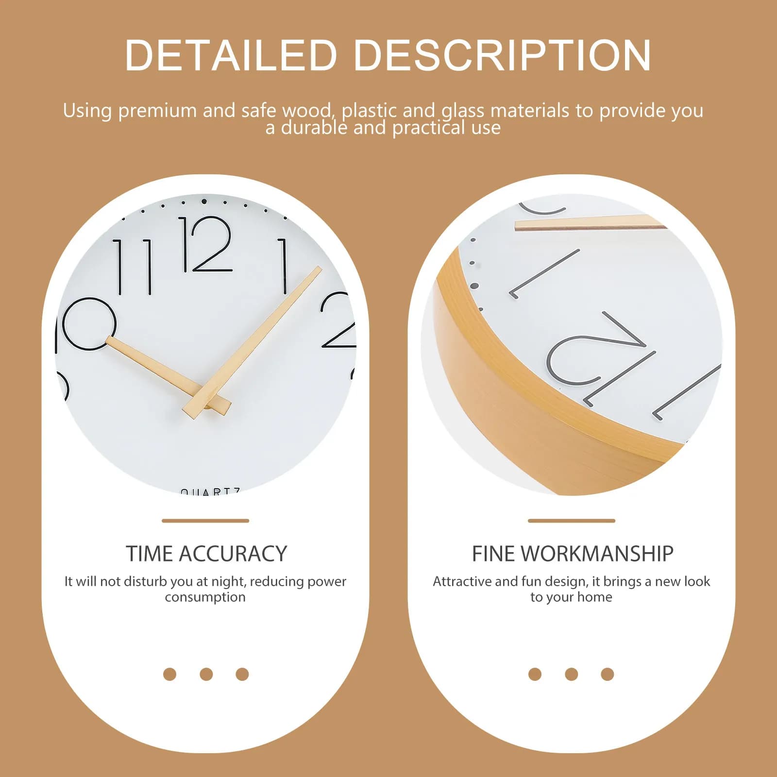 Orologio da Parete Premium in Legno, Plastica e Vetro, Silenzioso e Decorativo, Ideale come Regalo di Inaugurazione Casa, per Soggiorno e Camera da Letto