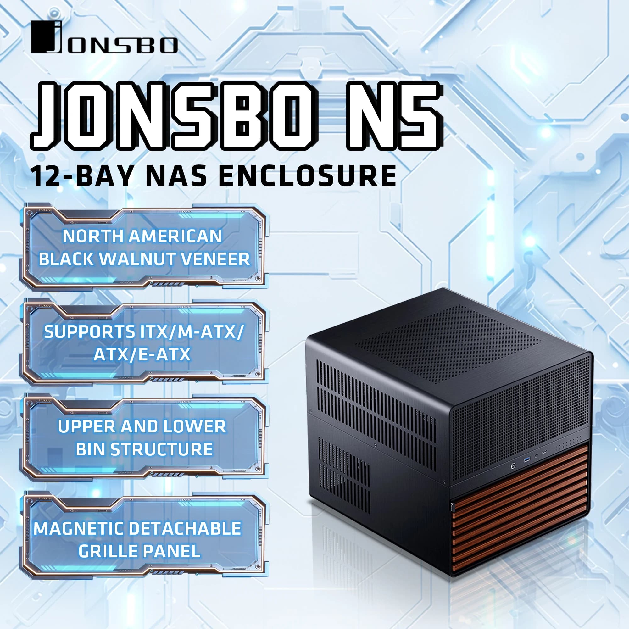 Case per Computer NAS JONSBO N5 con 12 Alloggiamenti Hot-Swap, Supporta Schede Madri E-ATX, Adatto per Server Domestici e Archiviazione Multimediale