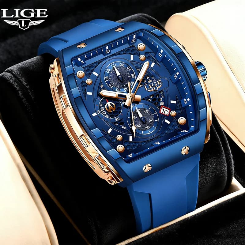 Luxury Men's Watch LIGE, Square Quartz Wrist Watch, Waterproof, Bright, Chronograph, With Date Display, Reloj Hombre