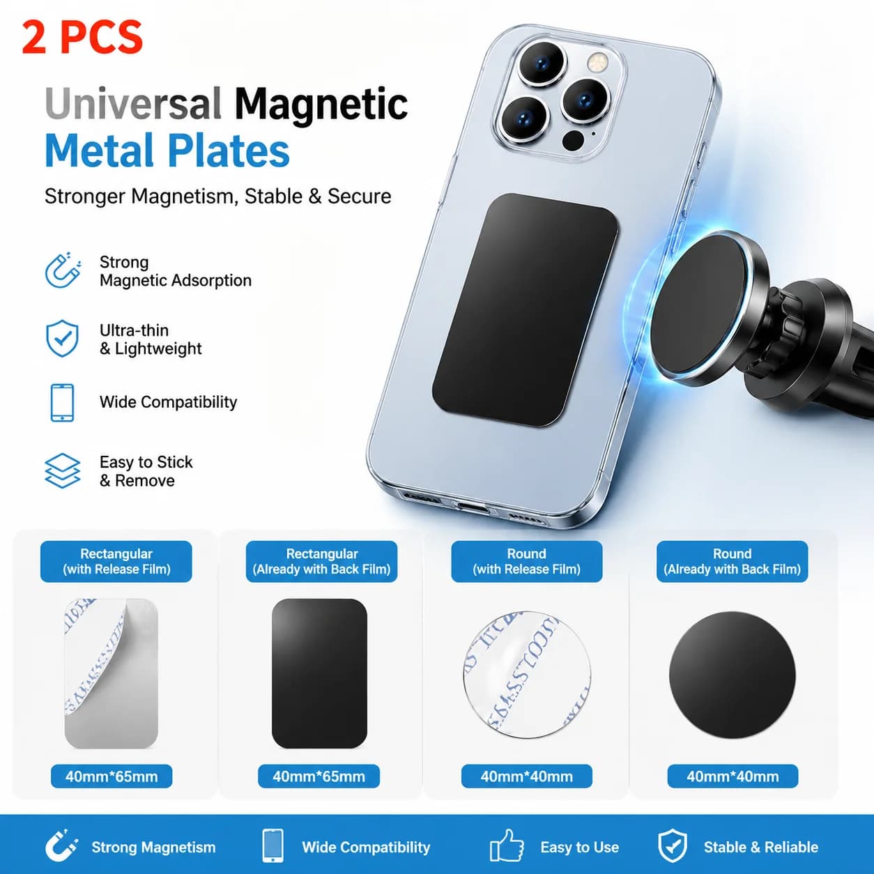 Magnetic Phone Mount Metal Plate with 3M Adhesive Ultra-Thin 0.02" Steel Discs for Car Air Vent & Wall Holder Stickers