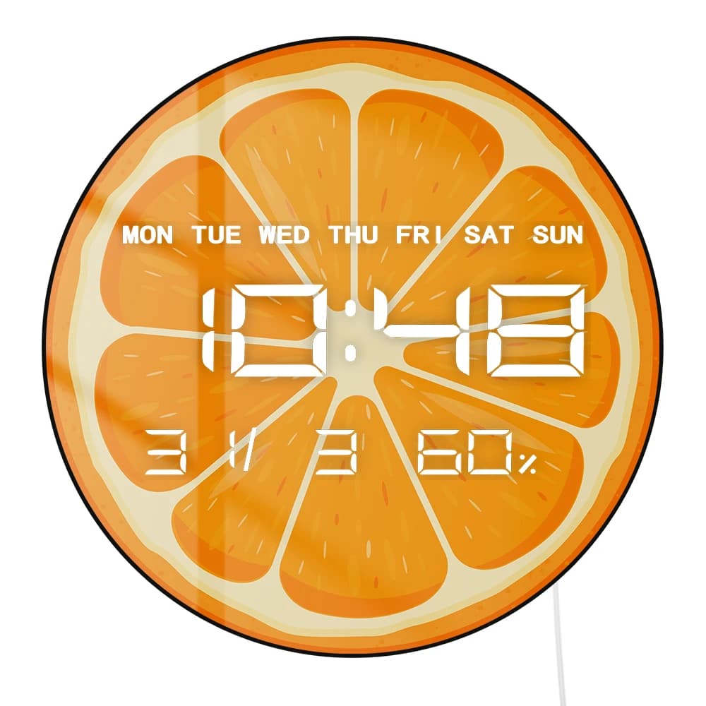 Digital LED wall clock with fresh and juicy citrus slice, desk, kitchen, dining room, lemon, orange, grapes, lime, digital LED wall clock