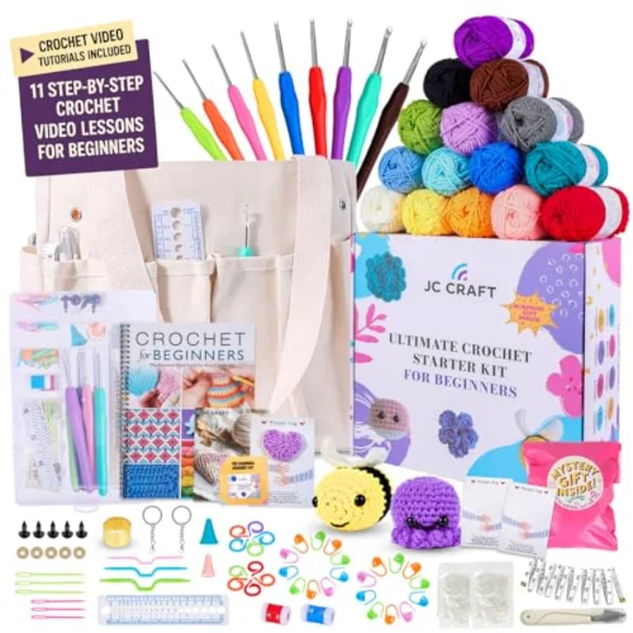 Kit per Principianti di Uncinetto, Set di 81 Pezzi con 15 Fili Colorati, Ganci Ergonomici, Forniture Complete, Borsa Bianca, Accessori