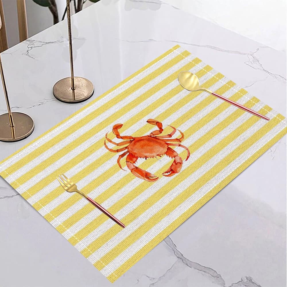 Ocean Theme Table Mat Placemats Yellow And White Stripes With Red Crab Illustration For Dining Table Decor Nautical Vibe