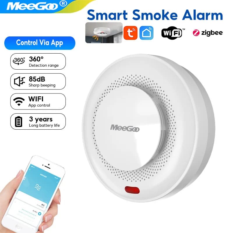 MeeGoo Tuya Smart WiFi Sensore di fumo Protezione antincendio Rilevatore di fumo 85dB Sistema di sicurezza sonora Vigili del fuoco Smartlife APP Control