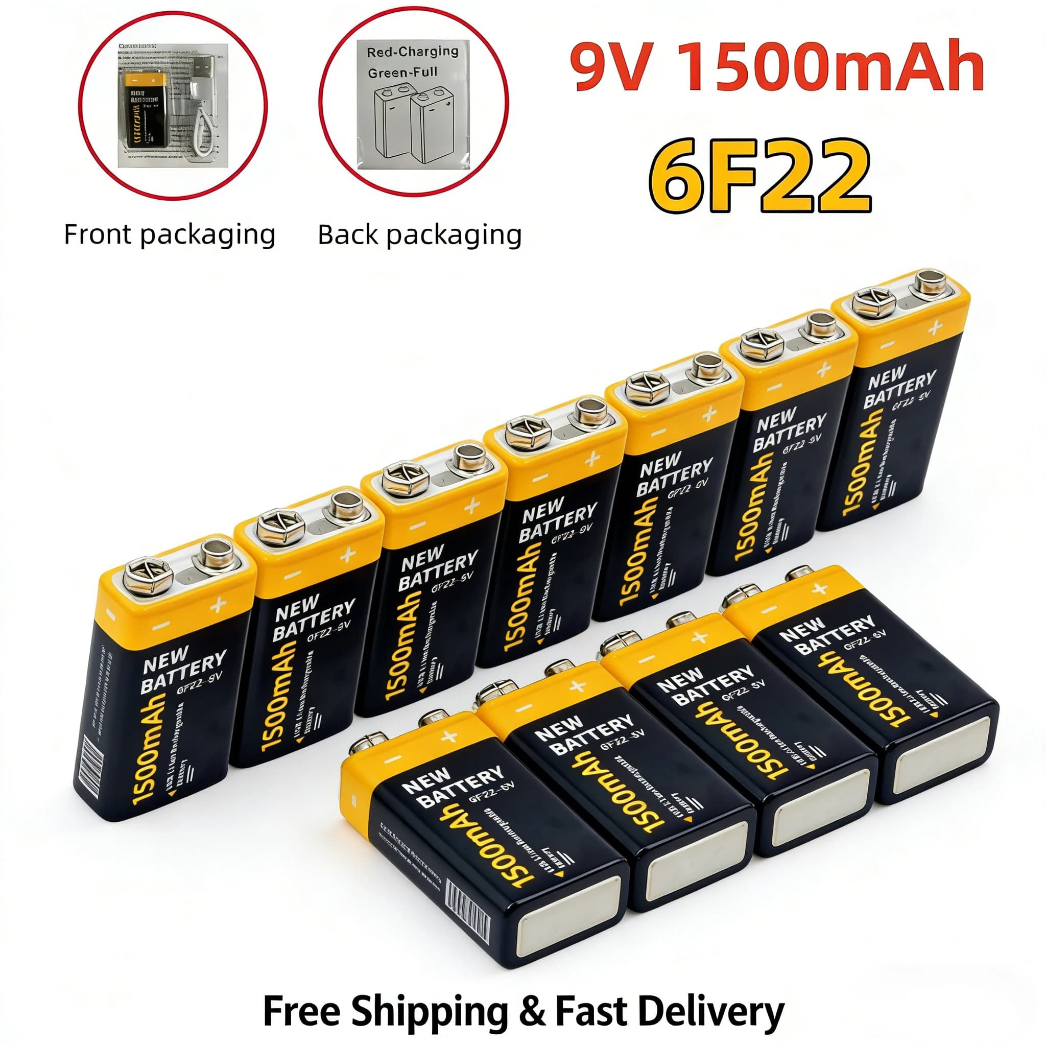 Batteria Ricaricabile agli Ioni di Litio 9V 1500mAh 6F22, Batterie al Litio con Ricarica USB Type-C per Multimetro, Microfono, Rilevatore di Fumo, Giocattoli RC