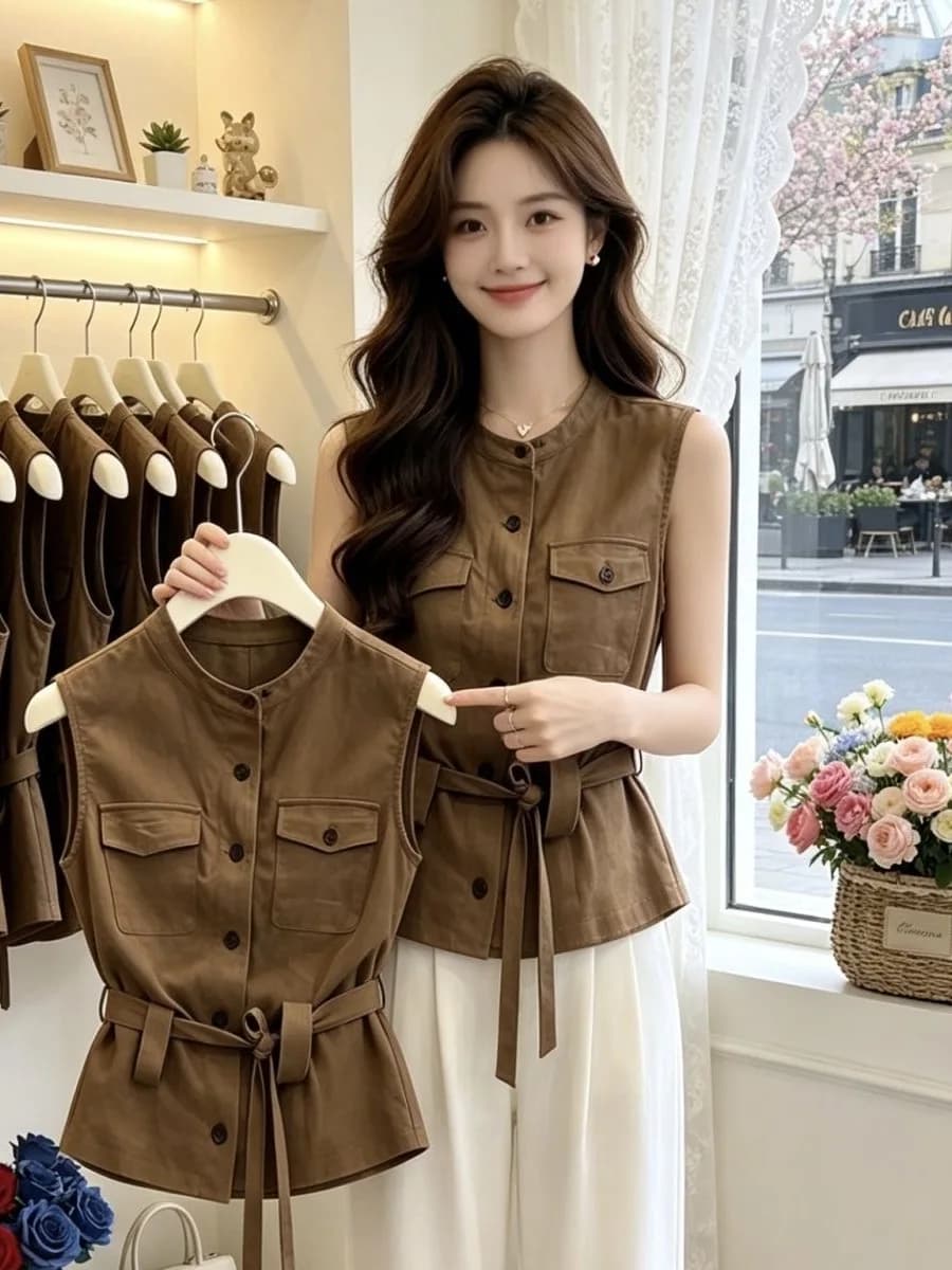 Elegant Belted Sleeveless Vest Women's Summer Fashion Design Age-Defying Old Money Style Casual round Neck Open Cardigan