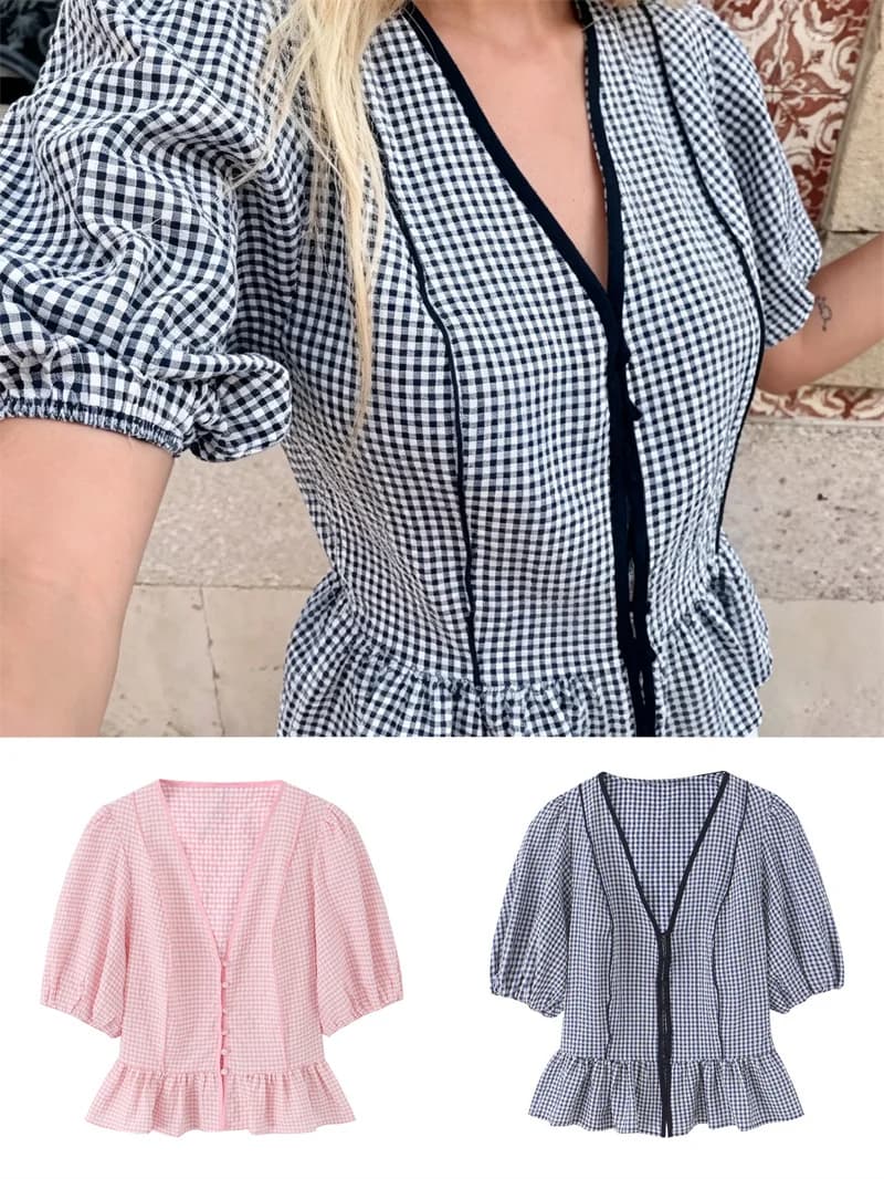 Women's 2026 Summer Gingham Blouse V‑Neck Puff Sleeve Peplum Hem Casual Vacation Short Top