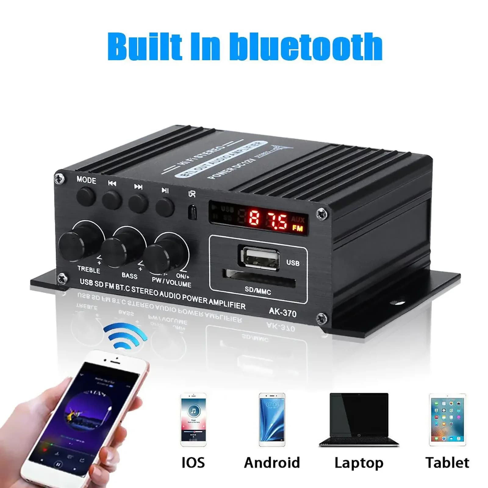 AK370 Bluetooth digital amplifier HIFI Mini stereo audio amplifier USB FM 2.0 channels Subwoofer Speaker Audio amplifier for domestic car