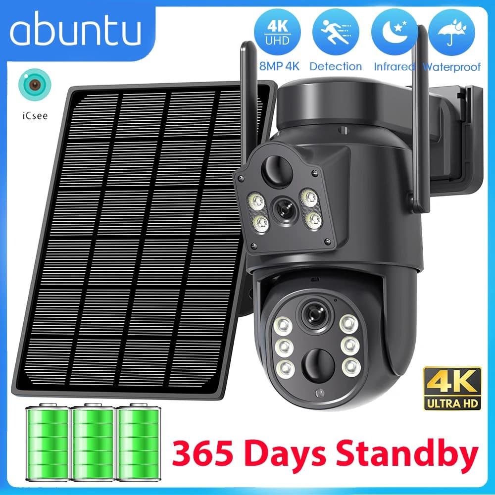 8MP 4K HD Solar WiFi Camera External Built-in battery Double lens Security camera 2K Solar panel Video wireless surveillance iCSee