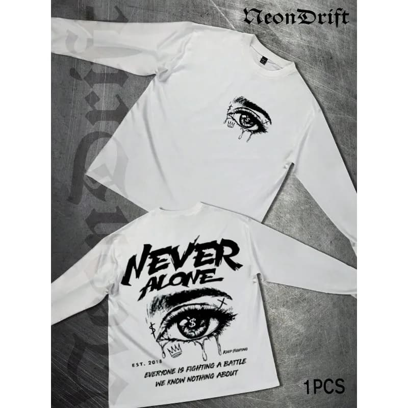 Men's 180g Y2K white T-shirt with black and pink Korean text and "Never Alone" print - oversized round neck long sleeved shirt
