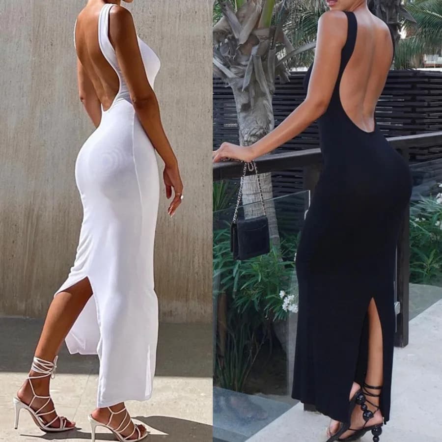 【New style】Summer big backless slim dress pure color sleeveless split hip dress
