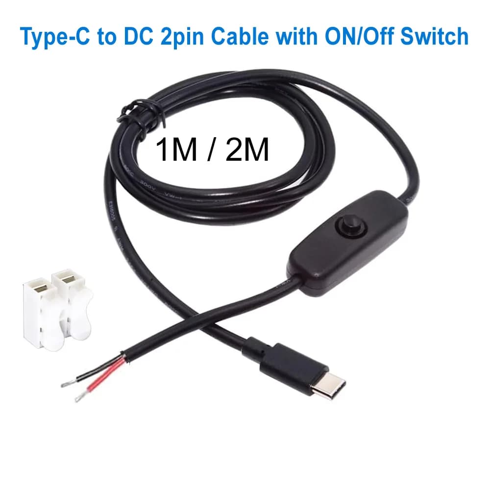1 m/2 m USB Type C Prolong Power Cable with On/off Plug USB-C Wireless 2 Pin Connector for DIY