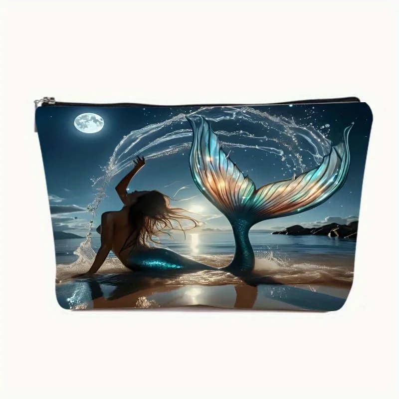 Una borsa per il trucco con motivo a sirena: simpatica custodia multifunzionale con cerniera per donna, borsa per riporre gioielli