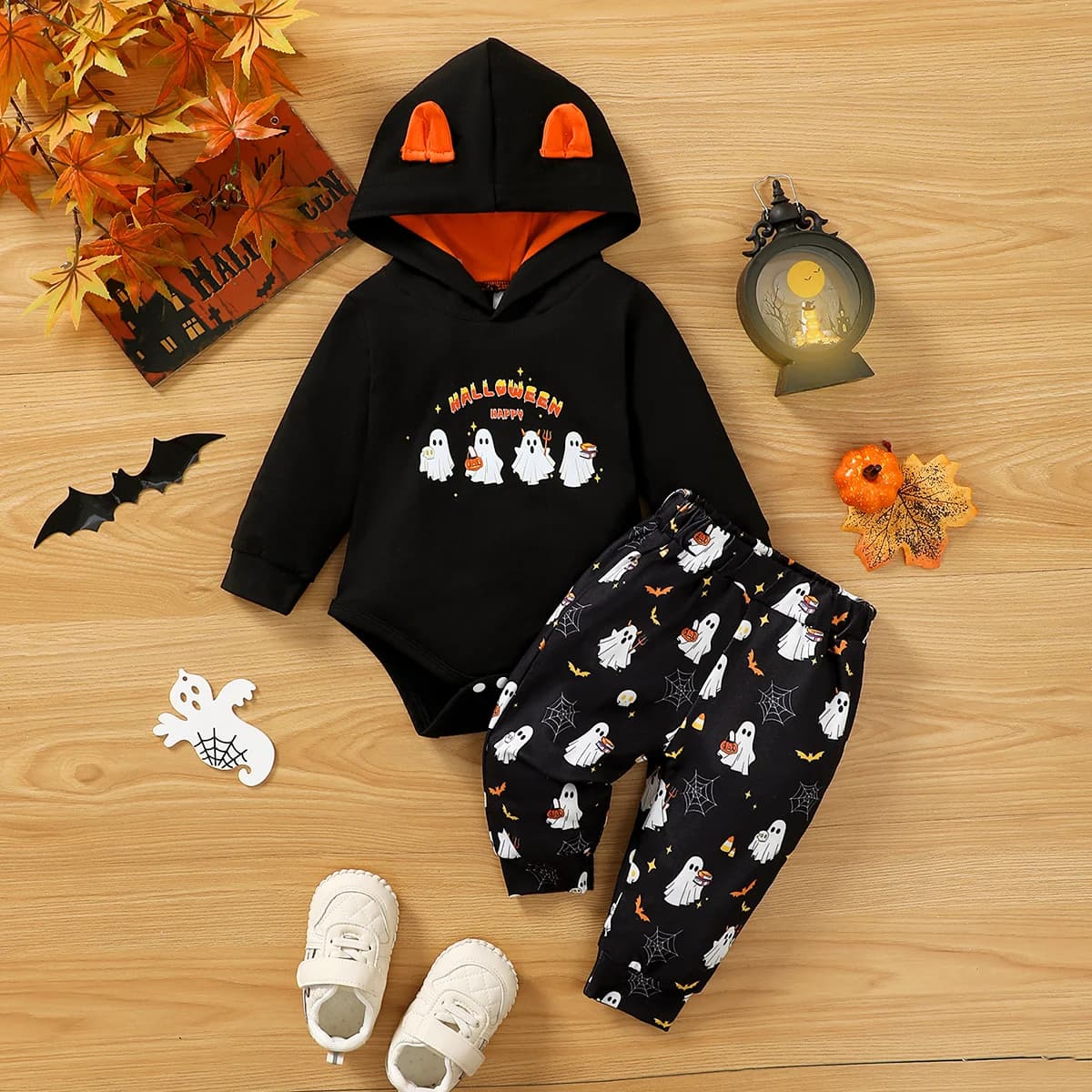 2Pcs Baby Boy Girl Halloween Outfit Hooded Ear Romper + Ghost Pants Set For 0-12 MonthsToddler Fall Halloween Costume Clothes
