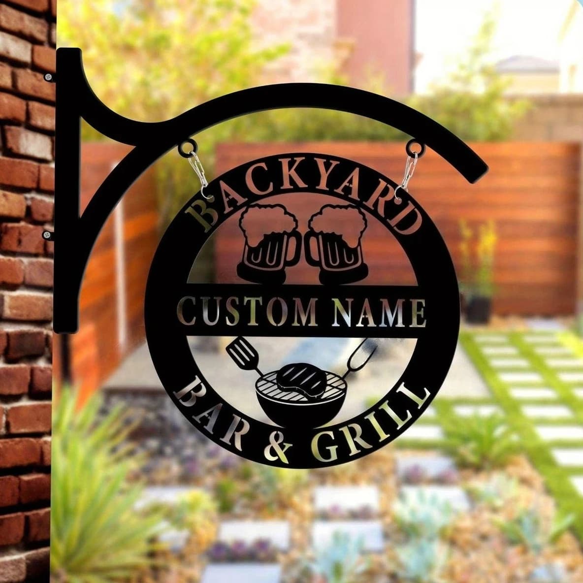 Insegna Metallica Personalizzabile per Bar e Grill da Giardino, Nome Personalizzato, Design con Boccale di Birra e Hamburger, Decorazione Esterna per Porta