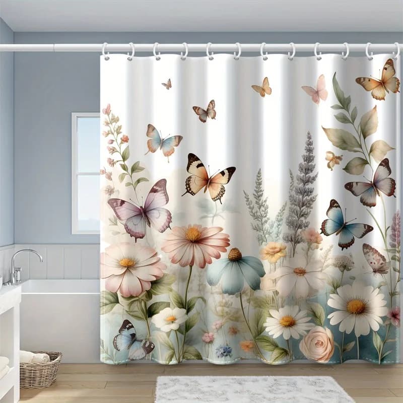 Ganci per tenda da doccia con stampa floreale da 1 pezzo - Con ganci impermeabili, antimuffa, facili da installare, lavabili