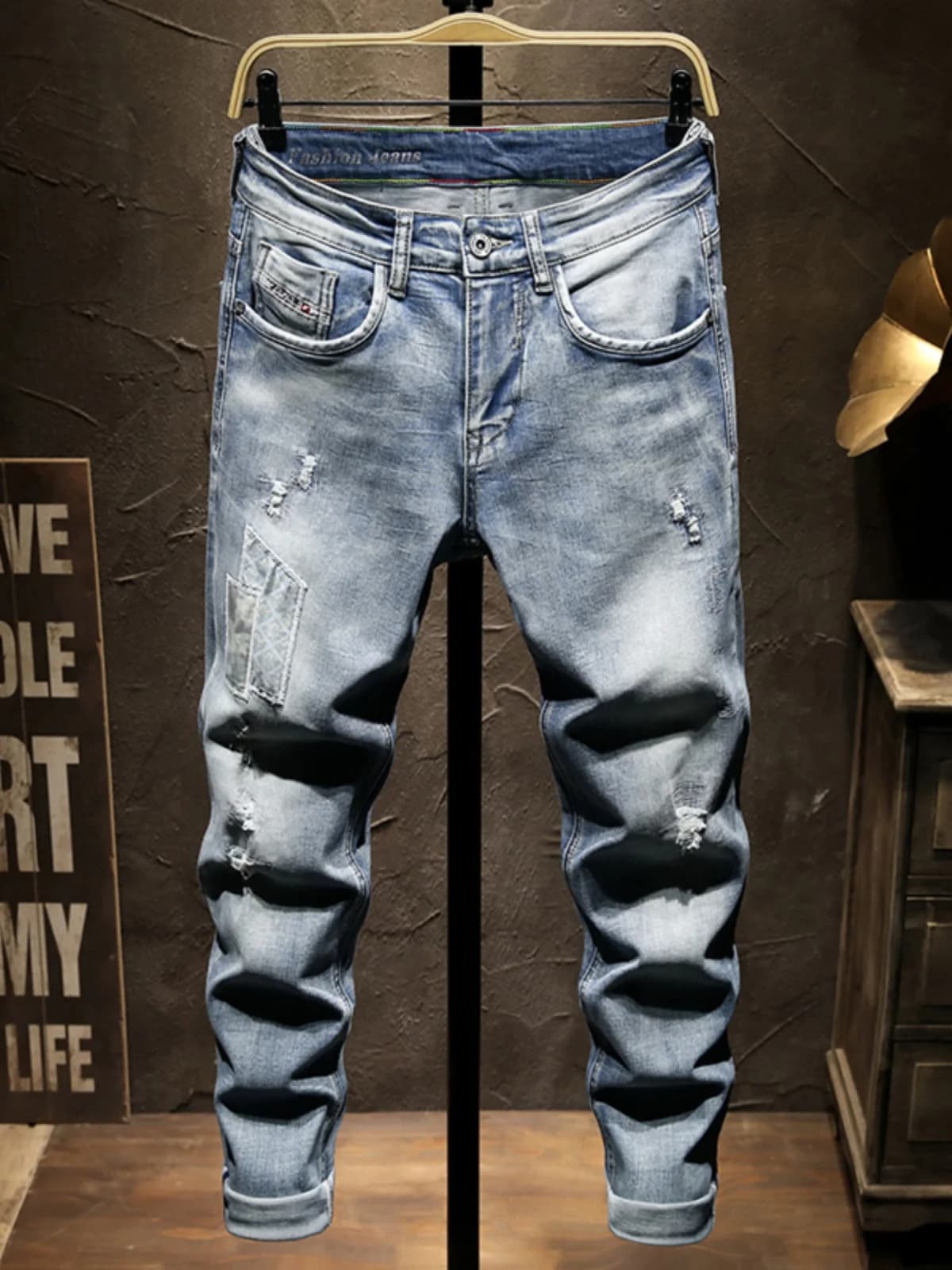 High-End Men's Slim Fit Denim Jeans Patched Washed Retro Trendy Brand Patch Pants mid Waist Cotton Stretch Denim Casual Jeans