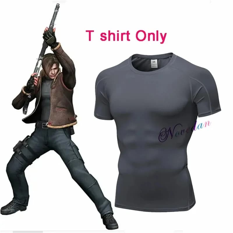 (#^.^#) 2026 New Biohazard Re4 Remake Leon Kennedy Jacket T Shirt Fantasia Faux Leather Bo Costume Cosplay Prop Hallo →_→LOOK ME