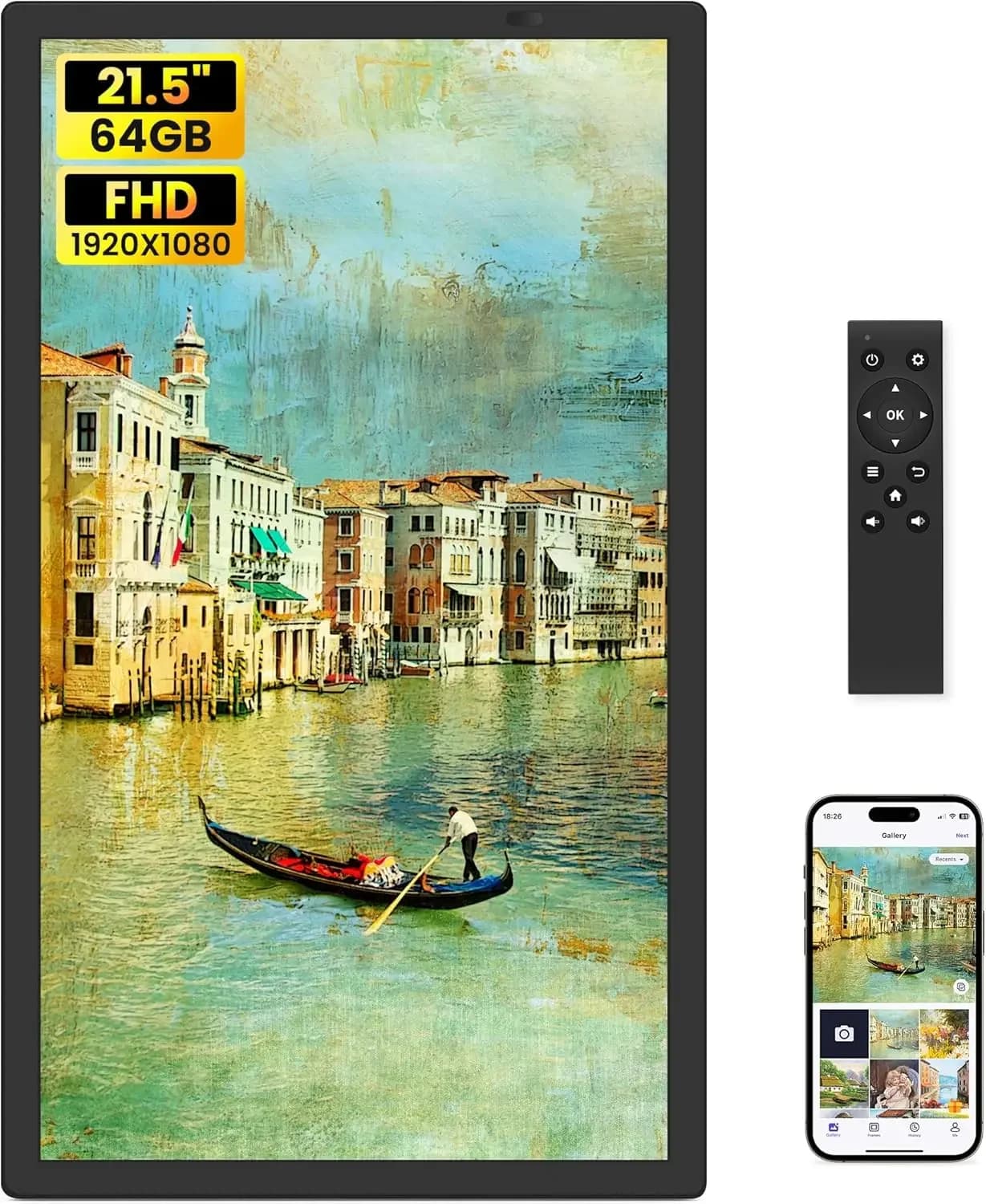 Cornice digitale Uhale da 21,5 pollici con WiFi e telecomando, 1920 x 1080 FHD IPS senza touchscreen, cornice elettronica per foto.