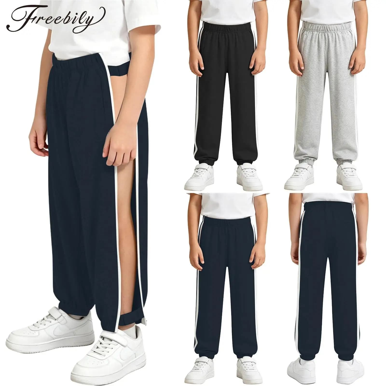 Pantaloni da basket per bambini con cerniera laterale e vita elastica, pantaloni sportivi post-operatori, pantaloni da ginnastica